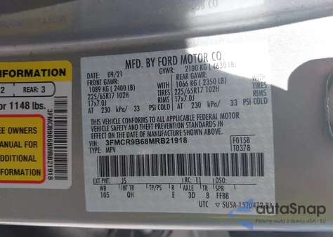 2021 Ford Bronco Sport Big Bend z USA, uszkodzony, nr VIN 3FMCR9B68MRB21918